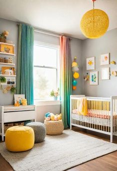 a baby's room with yellow and blue curtains, a white crib, and a large window