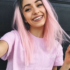 cotton candy pink pastel hair color | shoulder length long hairstyles | dark root Pastel Hairstyles, Candy Pink Hair, Cotton Candy Pink Hair, Thalia Bree, Pink Hairstyles, Pastel Pink Hair Color, Hot Pink Hair, Blue Ombre Hair, Pastel Pink Hair