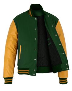 Varsity Letterman Baseball Forest Green Wool and Gold Genuine Leather Sleeves Jacket with Gold Trim If your required Size & Color Combination is not listed then please contact with us We will respond you as soon as possible the estimated time is 12 Hours, All Sizes & Color Combinations are Available. The quality of the varsity jacket is the finest in the field. 100% high quality Wool. A fine quilt lining with Wool trimmed inside pocket are all part of the complete package. Each varsity jacket de Leather Sleeve Jacket, School Jacket, Varsity Letterman Jackets, Retro Sports, Leather Sleeves, Letterman Jacket, Leather Sleeve, Green Wool, Trim Color