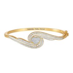 A romantic diamond treasure to celebrate all of life’s moments.An enchanting swirling heart bangle lavished with glistening 14kt gold.Radiant with 20 genuine baguette and round diamonds, hand-set for maximum sparkle.Tenderly inscribed “Yesterday, Today, Forever.” Perfect for Valentine’s Day, anniversaries, birthdays or “just because.” Elegant Diamond Bracelet With Accents For Valentine's Day, Diamond Bracelet For Anniversary On Valentine's Day, Valentine's Day Wedding Diamond Bracelet Fine Jewelry, Cubic Zirconia Diamond Bracelet For Anniversary On Valentine's Day, Cubic Zirconia Diamond Bracelet For Valentine's Anniversary, Anniversary Diamond Bracelet With Pave Setting, Diamond Treasure, Danbury Mint, Diamond Heart