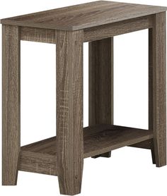 the side table is made from wood and has an open shelf on one end,