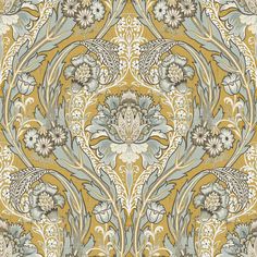 an ornate wallpaper pattern with flowers and leaves in yellow, blue and grey colors