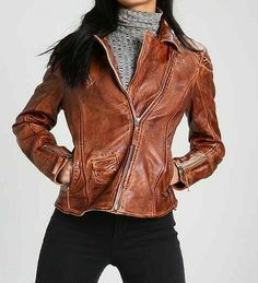 Women's Distressed Antique Brown Cafe Racer Vintage Biker Leather Jacket 100% MONEY BACK GUARANTEE 30 DAYS RETURN POLICY High Quality Real Leather Distressed Jacket Great Choice For Slim Fit Ladies Great look with multiple outer pockets and two inner pockets Ykk - Zippers original Zipper cuffs Soft Polyester Lining Inside Beautifully cut and tailored fit Brand New With Tag Made exactly as it is in picture 100% satisfaction guaranteed Please select your jacket according to the sizing charts menti Racer Leather Jacket, Cafe Racer Leather Jacket, Brown Cafe, Vintage Biker, Distressed Jacket, Vintage Suede, Aviator Jackets, Real Leather Jacket, Classic Jacket