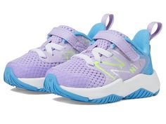 New Balance Kids Rave Run v2 Bungee Lace with Top Strap (Infant/Toddler) - Kids Shoes : Lilac Glo/Sky Blue : The New Balance Kids Rave Run v2 Bungee Lace with Top Strap shoes offer soft comfort with a fresh, youthful vibe. The lightweight mesh upper is breathable, with a no-sew tip for durability and a no-sew saddle for midfoot support. These running shoes for kids feature a lightweight injection-molded EVA foam IMEVA midsole that offers superior underfoot cushioning while the bungee laces with a hook-and-loop top strap allow for easy fit adjustment. The EVA insole and cotton lining provide added comfort. Comfortable and cushioned, these lace-up shoes are an ideal choice for your kid's outdoor adventures. Heel pull loop. Round toe design. Durable rubber outsole stands up well to all-day we New Balance Kids, Kids Running Shoes, Strap Shoes, Toddler Kids, Eva Foam, Outdoor Kids, Big Kid, Outdoor Adventures