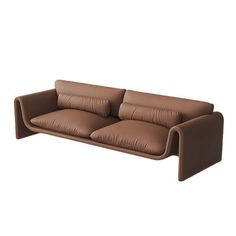 a brown leather couch sitting on top of a white floor