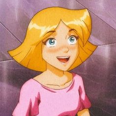 a cartoon girl with blonde hair and blue eyes is standing in front of a tile wall