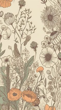 an orange and green floral wallpaper with flowers on the left hand side, in front of a beige background