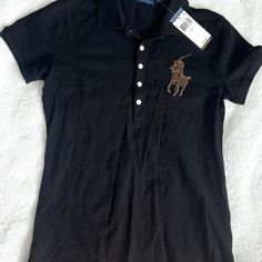 * Short Sleeves With Ribbed Armband * Signature Embroidered Big Pony At The Left Chest. Big Pony Color May Vary. * Cotton. Fitted Black Embroidered T-shirt, Casual Embroidered Polo Collar Top, Fitted Embroidered Short Sleeve Polo Shirt, Polo Shirt Ralph Lauren, Ralph Lauren Skirts, Black Tan, Black And Tan, Arm Band, Polo Ralph