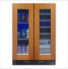 two glass door refrigerators with drinks inside