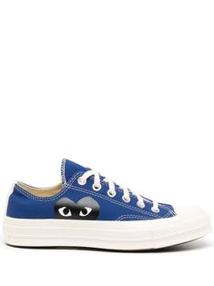 Casual Blue Sneakers With Logo Print, Blue Sneakers With Embroidered Logo And Round Toe, Blue Round Toe Sneakers With Embroidered Logo, Blue Sneakers With Embroidered Logo, Blue Low-top Canvas Shoes With Contrast Sole, Cdg Converse Low Blue, Blue Lace-up Sneakers With Logo Print, Blue Lace-up Sneakers With Logo, Grey Comme Des Garcons Converse