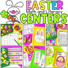 an easter themed math and literacy center with pictures of eggs, bunny ears, carrots,