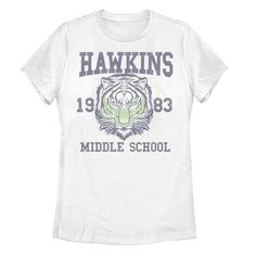 You'll love wearing this juniors' Netflix Stranger Things Hawkins Middle School 1983 Tiger graphic tee. You'll love wearing this juniors' Netflix Stranger Things Hawkins Middle School 1983 Tiger graphic tee. Crewneck Short sleevesFABRIC & CARE Cotton Machine wash Imported Size: Small. Color: White. Gender: female. Age Group: kids. Hawkins Middle School, School Spirit Shirts Designs, Netflix Stranger Things, Tiger Graphic, School Spirit Shirts, Tie Dye Women, Spirit Shirts, Student Council, Vintage School