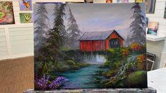 a painting of a red covered bridge in the middle of a forest with purple flowers