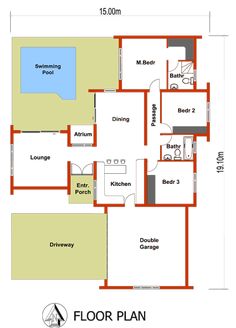 the floor plan for a house with three bedroom and two bathrooms, including an attached swimming pool