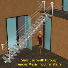 a woman standing in front of a set of stairs with the caption sims can walk through under maxis modular stairs