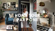 a woman standing in front of a living room filled with furniture and pictures on the wall