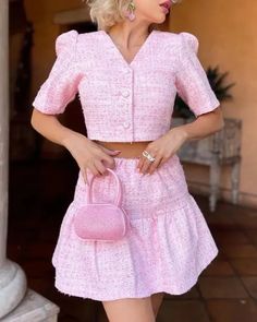 Lasaky - Puff Sleeve Tweed Button Top and Ruffle Skirt Set Sheer Mesh Bodycon Dress, Ruffles Skirt, Sheer Mesh Top, Dress With Corset, Tweed Pattern, Mesh Bodycon Dress, Chic Type, Tweed Skirt, Plaid Fashion