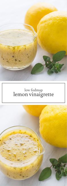 lemon vinaigrete in a glass bowl next to two lemons with leaves