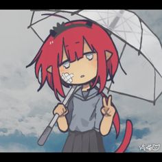 an anime character with red hair holding an umbrella