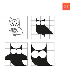 four squares with an owl and two owls on them, one is black and white