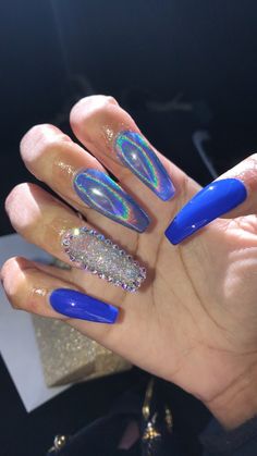 Blue Holographic Nails, Nagel Stamping, Blue Acrylic Nails, Her Nails, Holographic Nails, Prom Nails, Coffin Nails Designs, Pretty Acrylic Nails, Dope Nails