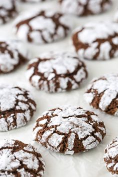 chocolate crinkle cookies with powdered sugar on top are lined up in rows