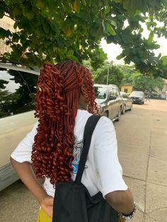 Braids For Black Women Red Hair, Ginger Hair Braids Hairstyles, Dark Ginger Braids Black Women, Red And Orange Box Braids, Box Braid Length, Birthday Braids Black Women, Reddish Brown Knotless Braids, Curly Ginger Braids, Auburn French Curl Braids