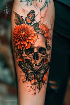 a skull with flowers and butterflies on it's head is shown in this tattoo design