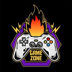 a video game controller with flames and the words game zone written in yellow on a black background