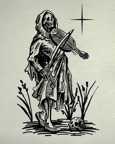 a black and white drawing of a skeleton holding a cross with a skull in the foreground