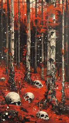 a painting of skulls in the woods with red leaves and snow on the ground around them