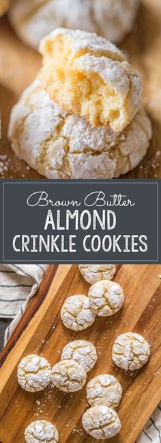 almond crinkle cookies with powdered sugar on top and the title above it reads, brown butter almond almond almond almond almond crinkle cookies