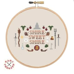 a cross stitch pattern with the words share sweet smile on it and some other items