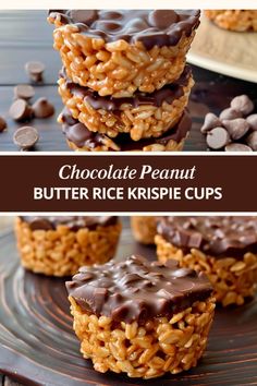 chocolate peanut butter rice krispie cups are stacked on top of each other