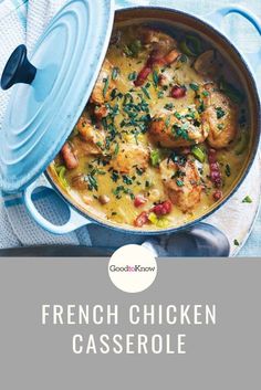 chicken casserole in a blue pot with the title french chicken casserole