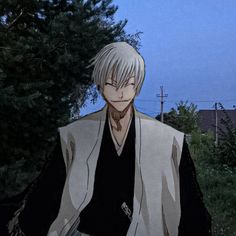 an anime character with white hair and black shirt standing in front of trees at night