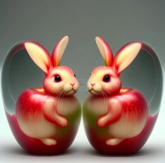 two red and white rabbits sitting on top of an apple