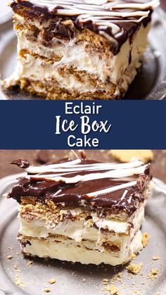 three different types of icebox cake on plates with text overlay that reads eclair ice box cake