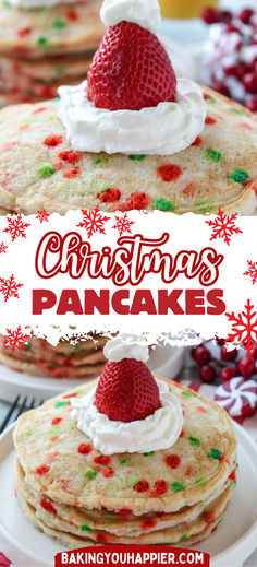 christmas pancakes with whipped cream and strawberries on top