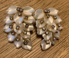 Vintage Signed LERU Floral Clip-on Earrings, Rhinestones, Molded Plastic, Gold tone Metal Bridal Wedding Mother's Valentine's Birthday Gift Collectible 1.75" x 1.25" Valentine Birthday, Delray Beach, Plastic Molds, Special Jewelry, Quartz Ring, Bridal Wedding, Gold Tone Metal, Vintage Signs, Clear Quartz