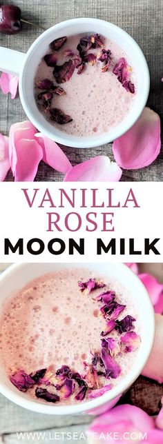 vanilla rose moon milk in a white bowl with pink flowers on the side and text overlay that reads vanilla rose moon milk