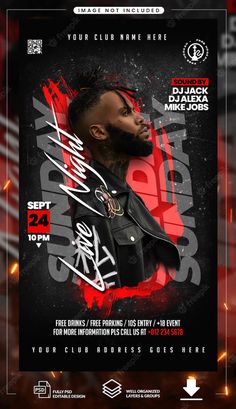 the flyer for an event with a man wearing a black leather jacket and red background