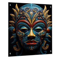 an ornate mask with gold and blue accents on a black background canvas wall art print