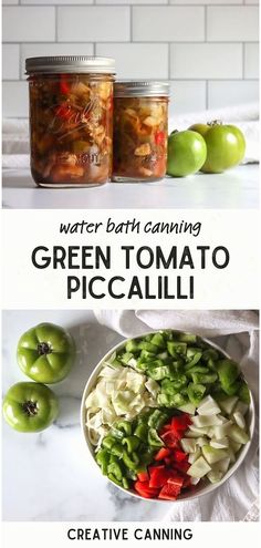 green tomato piccadilly in a jar next to two jars filled with pasta and vegetables