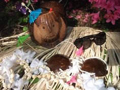 two coconuts, sunglasses and flowers on a mat in front of some plants with purple flowers