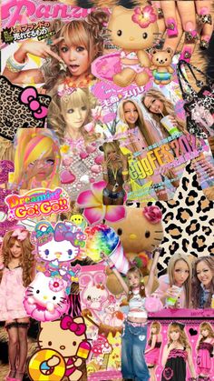 a collage of many different pictures with hello kitty and other characters on them, including cats