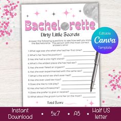 the bachelor party game is shown with pink stars and sparkles on white wood background