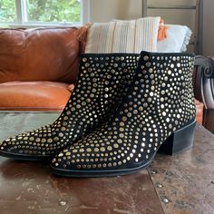 Vince Camuto Black Booties With Gold Embellishments! Vince Camuto Studded Boots, American Flag Sweater, Gold Embellishment, Studded Boots, Vince Camuto Shoes, Brown Leather Boots, Black Booties, Tall Boots, Gold Studs