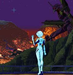 an animated image of a woman standing in front of a giant alien like creature with her arms outstretched