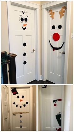 three different pictures of the same door with faces painted on them and one is decorated like a snowman